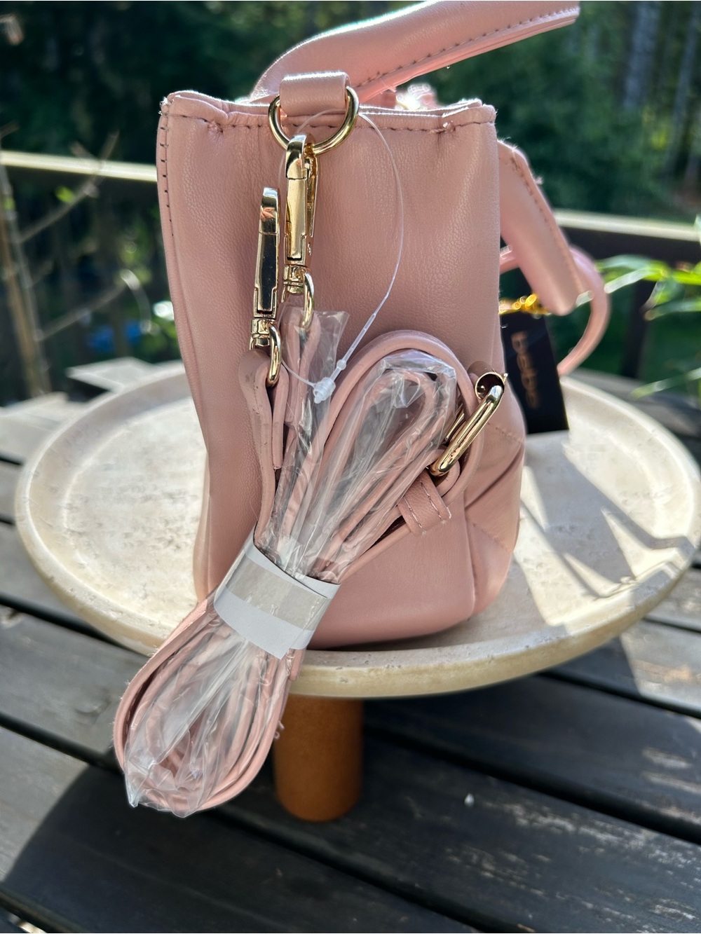 bebe Everett Quilted Satchel in Blush Pink with Gold Logo - Picture 9 of 10